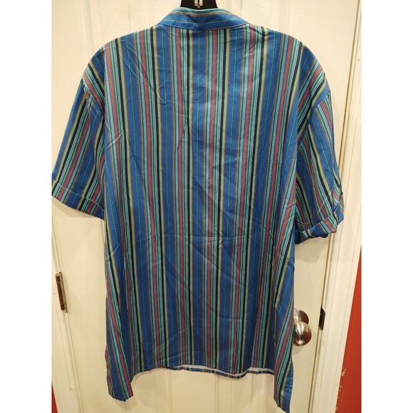 MissLook Mens XL Shirt Band Collar Blue Green Striped Short Sleeve Cuff - Picture 2 of 5